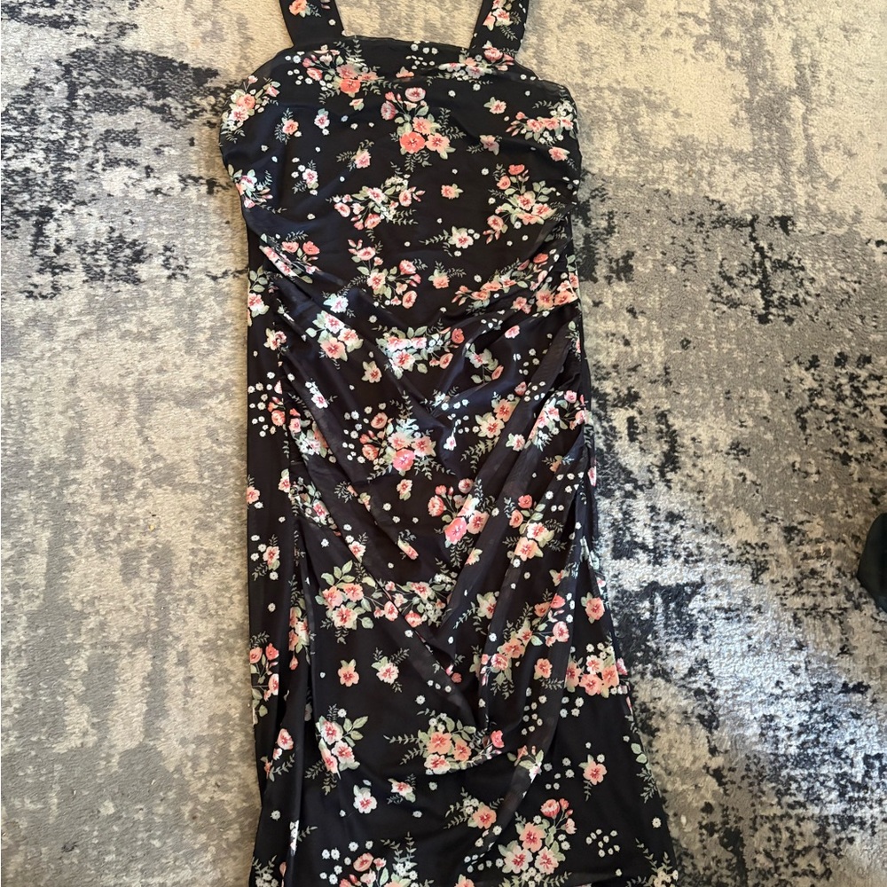 Maurices Black Midi Dress with Pink and Cream Floral Print